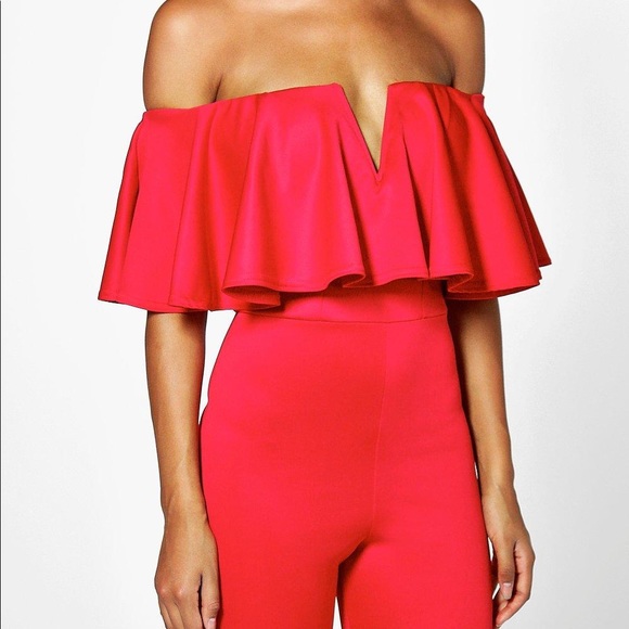 4 items under $25 for $50  Red Plunge Frill Jumpsuit Off Shoulder V Neck - Picture 3 of 6